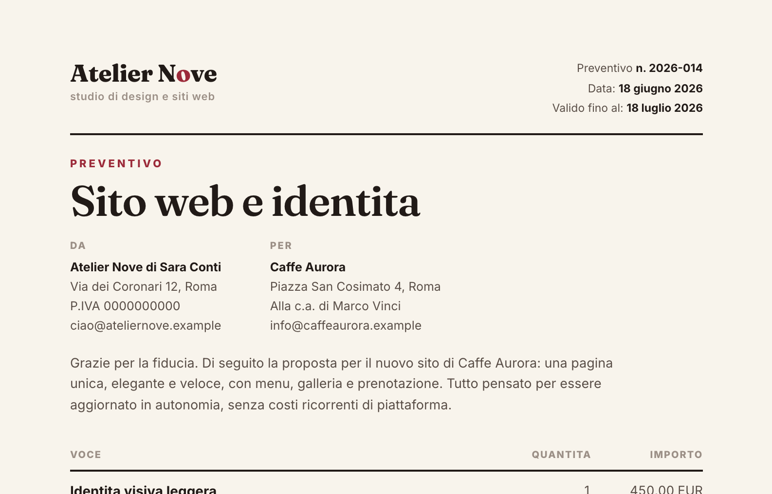 Anteprima di un preventivo generato con Claude, in HTML